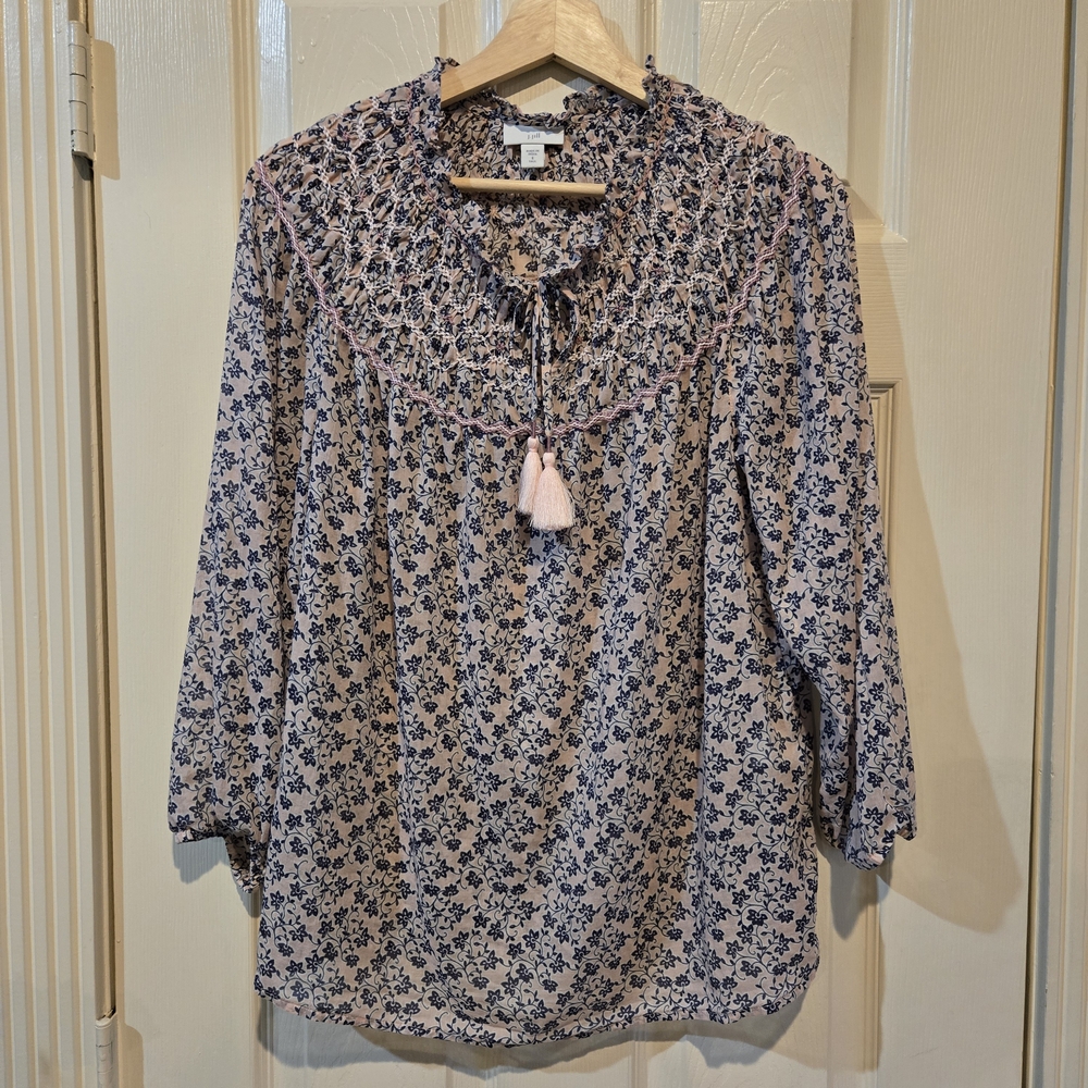 Cotton Boho Floral Blouse J Jill Tassel Tie Cottagecore Peasant  Size S Festival